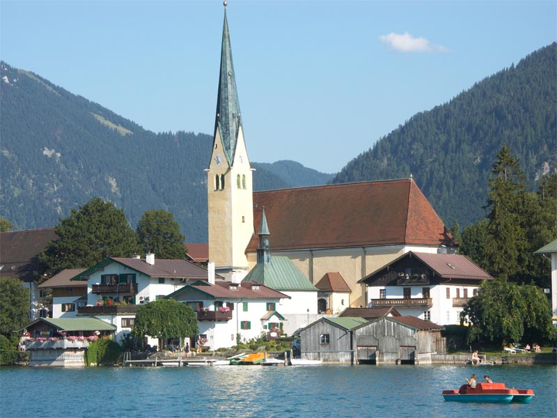 The church in Rottach-Egern seen across the Tegernsee